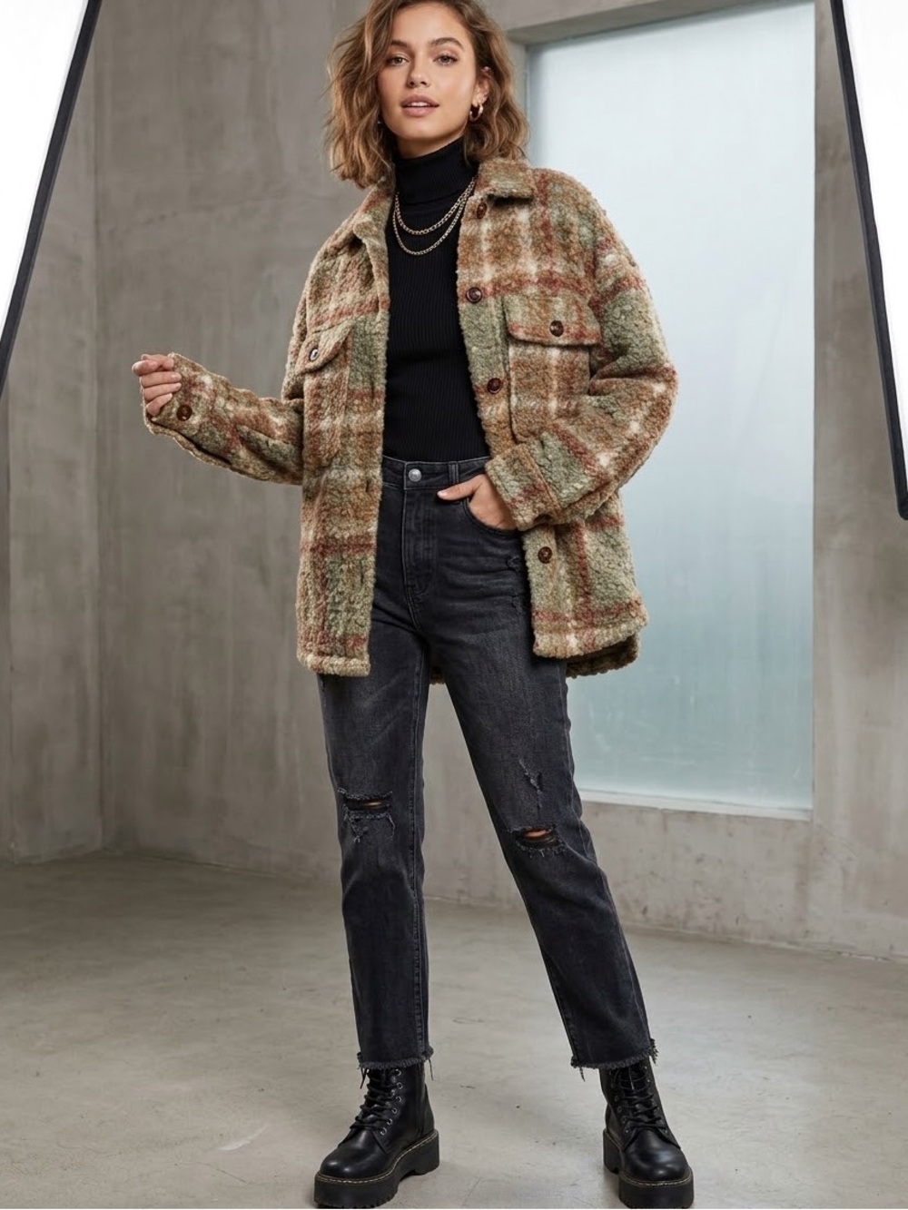 Plaid Teddy Shacket Jacket in Olive & Brown - Women's Cozy Layer